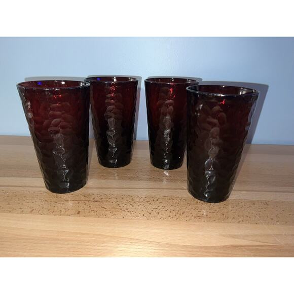 Arcoroc France Glasses Tumblers Ruby Red Vercors Hammered 4 Vtg - Picture 2 of 12